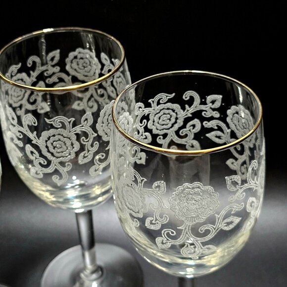 3 Libbey Rose Etching Water Glasses 7" floral scrolls gold trim 1970s romantic e - Picture 3 of 8